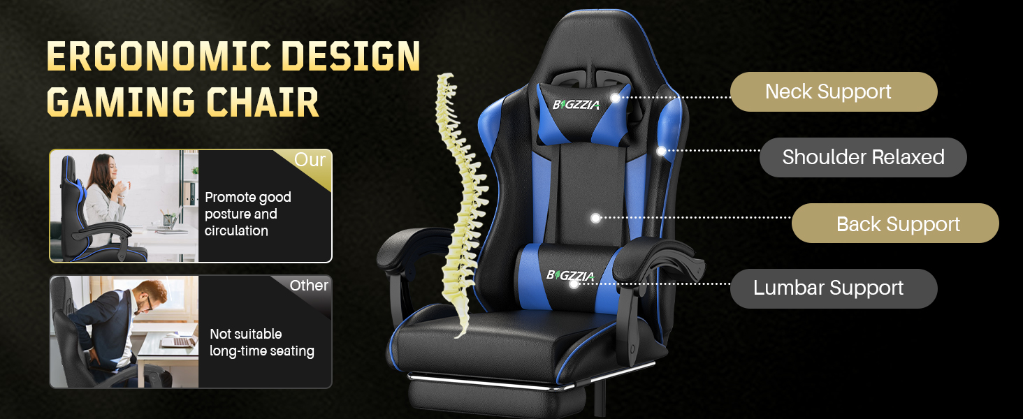 Ігрове крісло Bigzzia Ergonomic Gaming Stuhl з підставкою для ніг та функцією масажу, синій