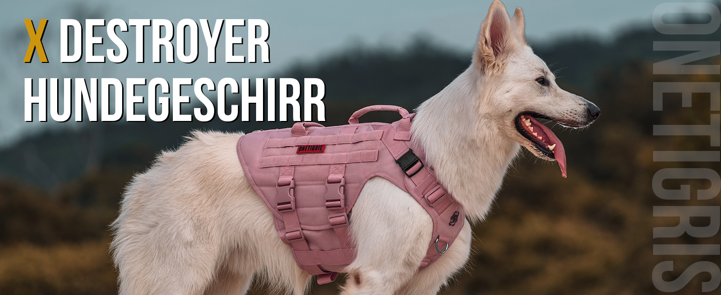 Нашийник для собак OneTigris X Destroyer тактичний, регульований, анти-тяга, вибухозахисний, з 3 ручками, 2 металевими пряжками, безпечний (Рожевий L), L:27-41кг (Окружність шиї:45-63см, Окружність грудей:68-91см)