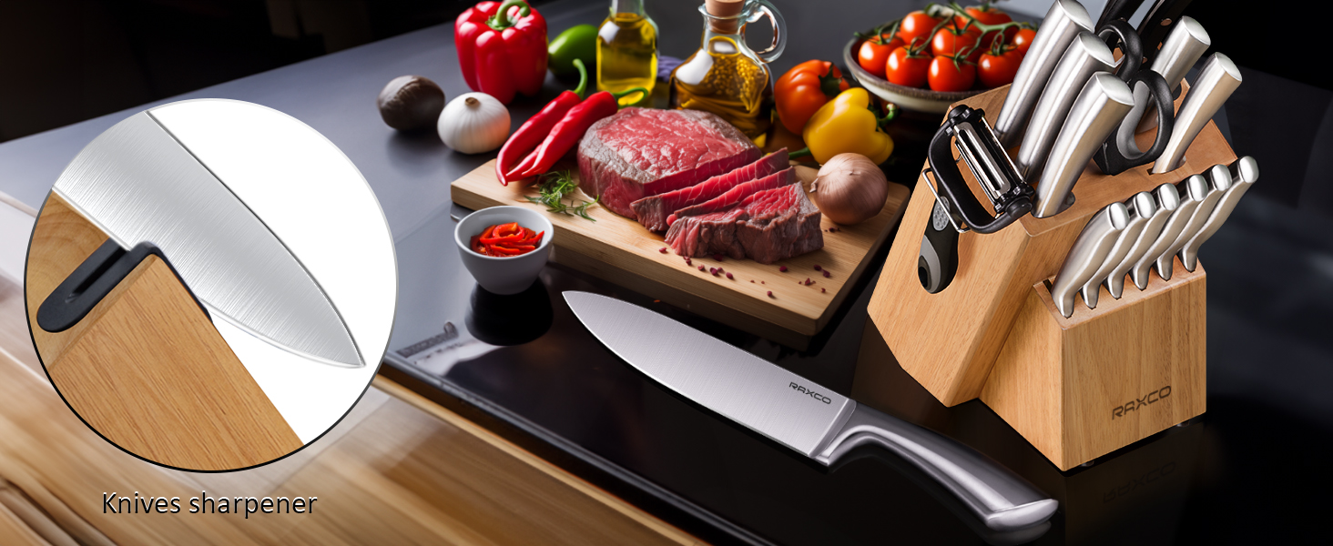 Набір кухонних ножів RAXCO, 18 предметів: кухонні ножі, стекові ножі, шліфувальник, з бруском