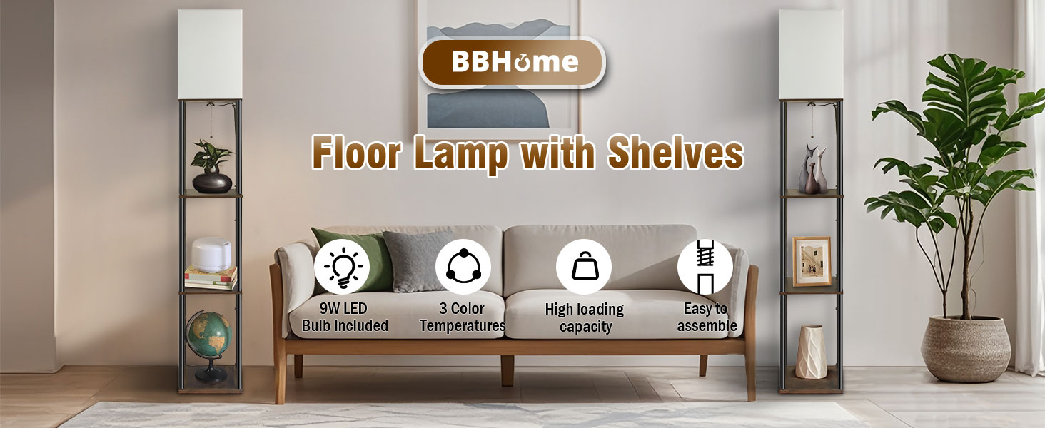 Сучасна торшер BBHome з полицею, регульоване LED освітлення 3 кольорів, 9W, для вітальні, спальні, офісу, дерево, білий/rustikales Braun