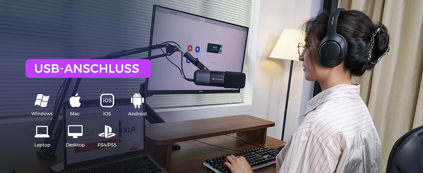 Динамічний мікрофон NearStream USB/XLR для ПК, геймінгу та стрімінгу з регулюванням гучності, кнопкою Mute, ізоляцією голосу, сумісний з MAC, PS4, PS5, мікшером (AM10X/AM15X)