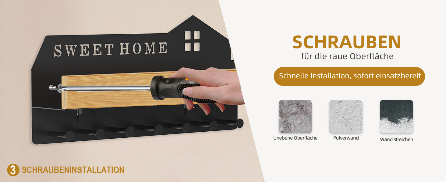 Ключниця настінна з полицею HOME+HOLZ чорна, без свердління, 7 гачків, для коридору, самоклеюча/на шурупах