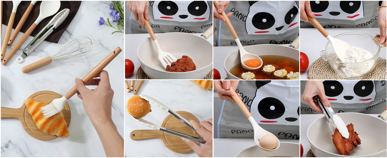 Набір кухонних аксесуарів 12 шт. з силікону з дерев'яними ручками, термостійкий антипригарний набір посуду: щипці, лопатки, ложки. Бежевий колір