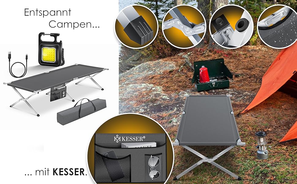 Кемпінгове ліжко KESSER® розкладне з сумкою, ліхтарем та бічною кишенею. Стабільне металеве ліжко для відпочинку та подорожей, 150 кг, 190/210 см. Оксфорд 600D.