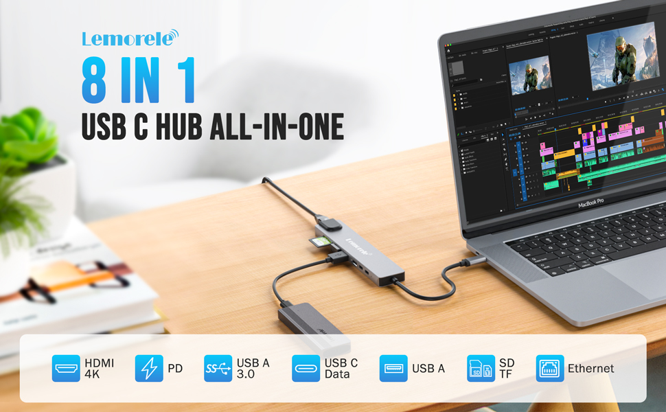 Lemorele Док-станція 12-в-1 з USB-C: 10Gbps, Dual 4K HDMI, VGA, USB 3.1/2.0, 100W PD, SD/TF, Audio - для Windows, MacBook, Dell