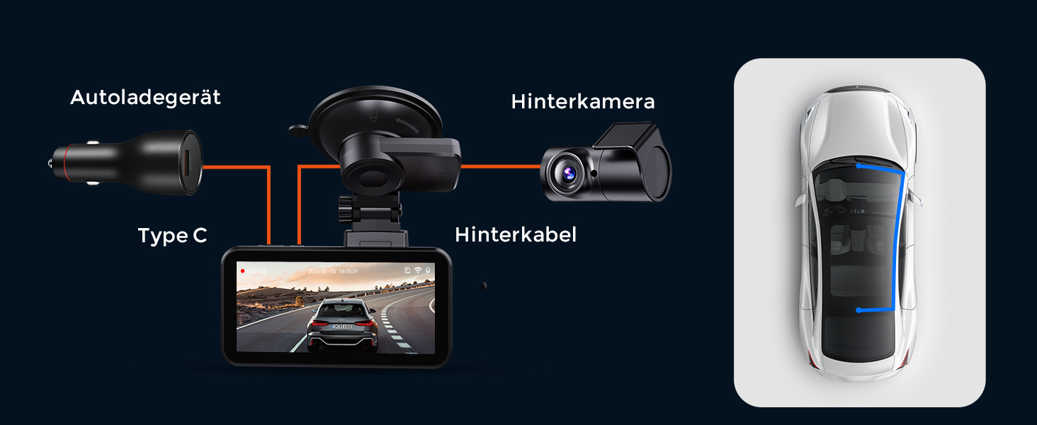 Відеореєстратор COOLCRAZY Dashcam Auto: 4K UHD, Dual камера, GPS, WiFi, 64GB SD-карта, IPS 3