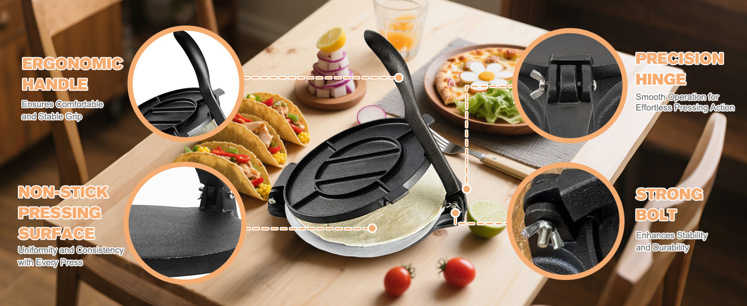 Пресс для тортилій з чавуну 25 см, ротатор, прес для тако, чорний