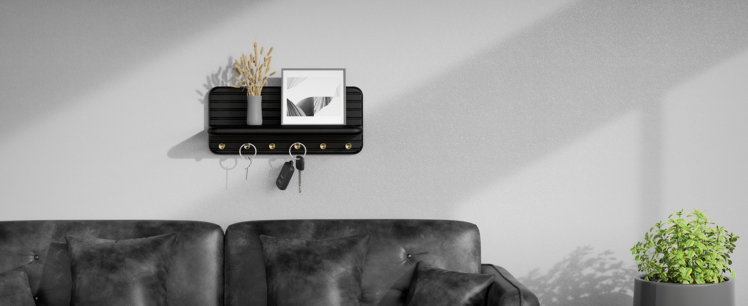 Дерев'яне ключниця з полицею та 6 гачками, ключниця на стіну для прихожей, кухні (чорний)