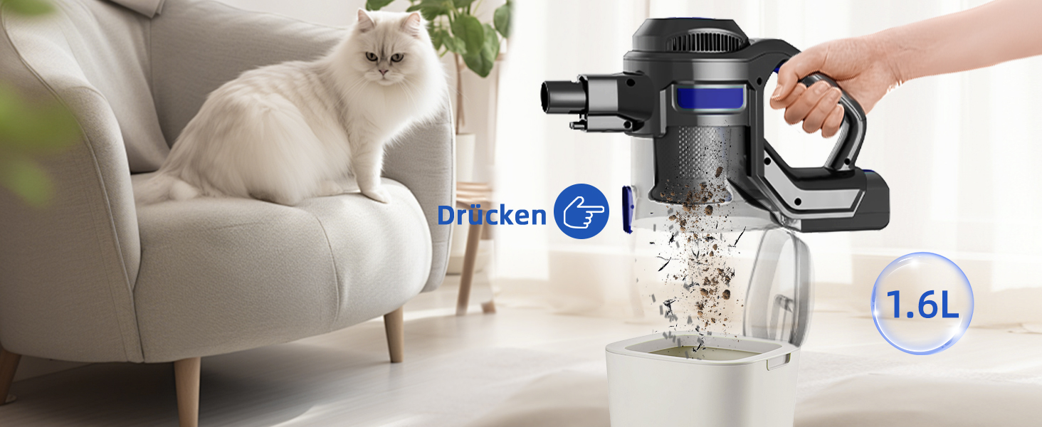 Бездротовий пилосос Authmic 40000Pa з акумулятором, час роботи до 50 хв, об'єм контейнера 1.6л, HEPA фільтр x4, для килимів, твердих підлог та шерсті тварин (блакитний)