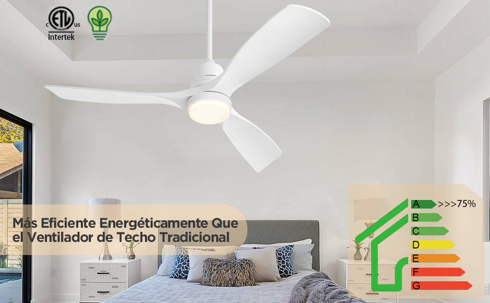 Стеляний вентилятор з підсвіткою та пультом дистанційного керування, тихий DC мотор, 132 см/52 дюйми, 3 дерев'яних лопаті, таймер, 6 швидкостей, сертифікований ETL, режим літо/зима для спальні (132см/52 дюйми, Білий)