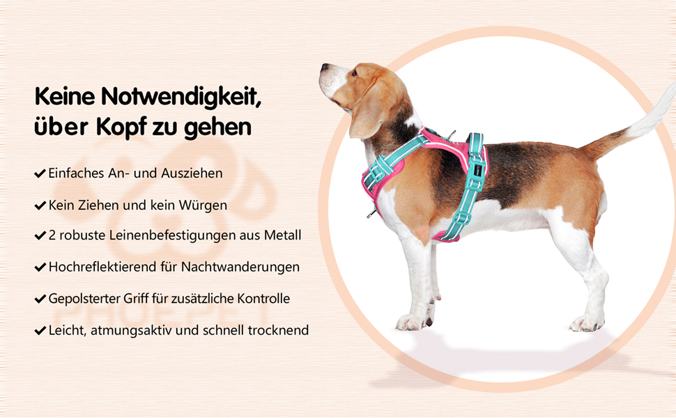 Шлейка для собак PHOEPET Anti-Zug з відбиваючими елементами, регульована, для цуценят та собак різних розмірів (XL, блакитна база & рожеві ремінці)