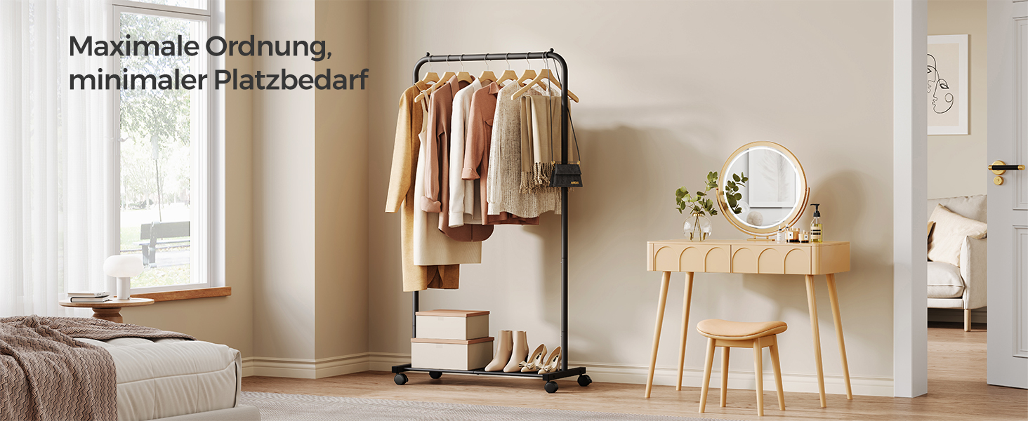 SONGMICS Clothes Rack, Rolling Garment Rack, Metal Wardrobe Stand, Rolling Wardrobe 91 cm wide, with Shelf, 2 Wheels with Brake, Rod Load Capacity up to 40 kg, HSR025A01 (Black, 74x40.5x158cm)