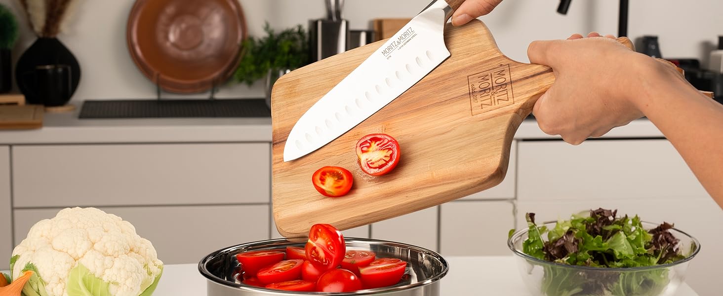 Ніж Santoku Moritz & Moritz 18 см - професійний кухонний ніж у японському стилі з надзвичайно гострою клинком - для м'яса, суші та іншого. Ергономічна ручка з акації. Німецька сталь Santokumesser