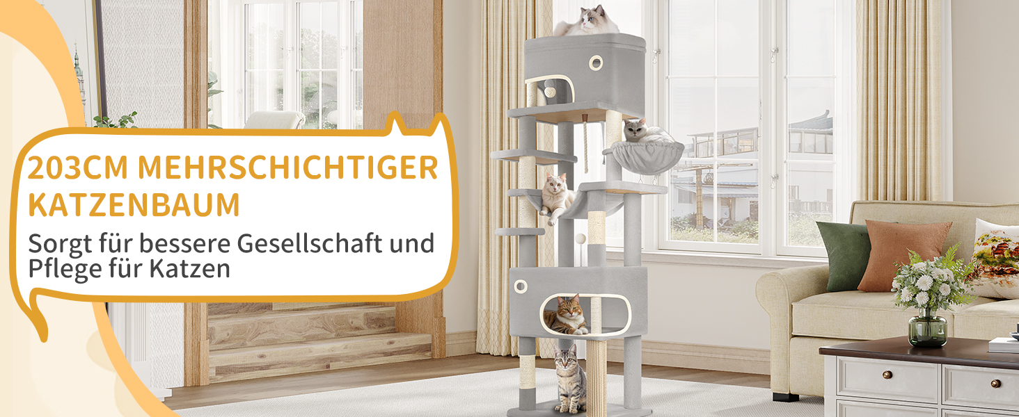 Когтеточка для котів Hzuaneri XXL (203 см) з великою платформою, 2 печери, 7 стовпчиків, помпонами, лежаками та гамаком. Підходить для всіх порід котів. MS20318YL (Світло-сірий)