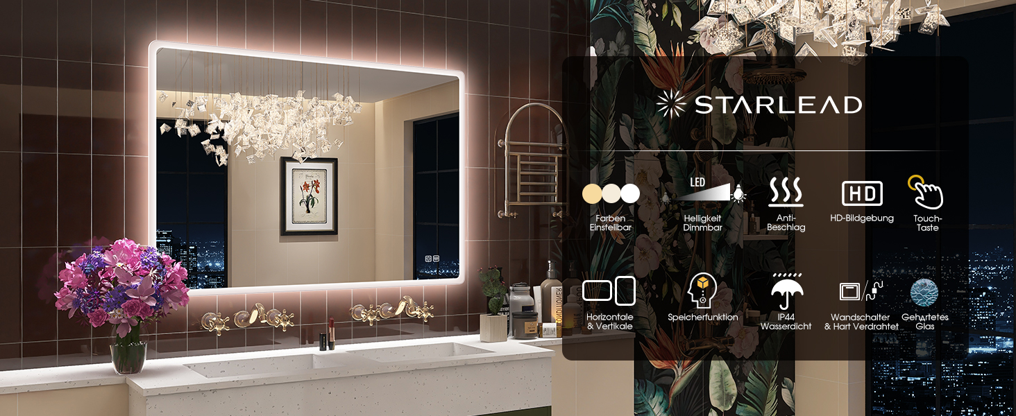 Дзеркало для ванної кімнати STARLEAD з підсвічуванням 80x60 см, регулювання яскравості, 3 колірні температури (3000K-6500K), протитуманне покриття, функція пам'яті, LED дзеркало для ванної кімнати IP44, HD скло, горизонтальне/вертикальне встановлення, M3017, срібний колір. Без Bluetooth, без лупи 5x.