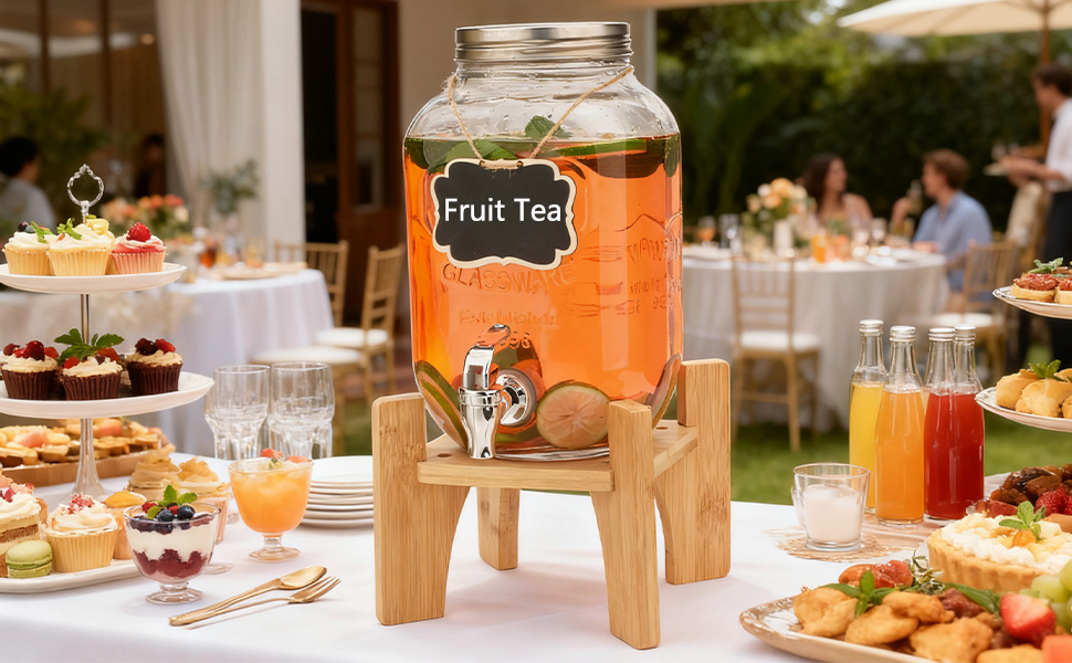 Скляний диспенсер для напоїв на 4L з краном та бамбуковим підставкою, 2 шт. Ідеально для вечірок, свят та днів народжень