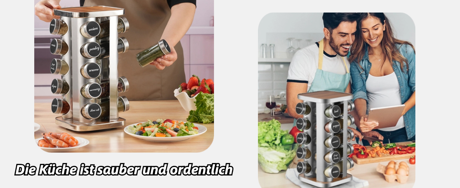 FRIBERG Spice Rack with 20 Spice Jars, Round, 100ml, 360° Swivel Stainless Steel Spice Carousel, Standing Spice Rack with Funnel, Label, Pen, and Cleaning Brush