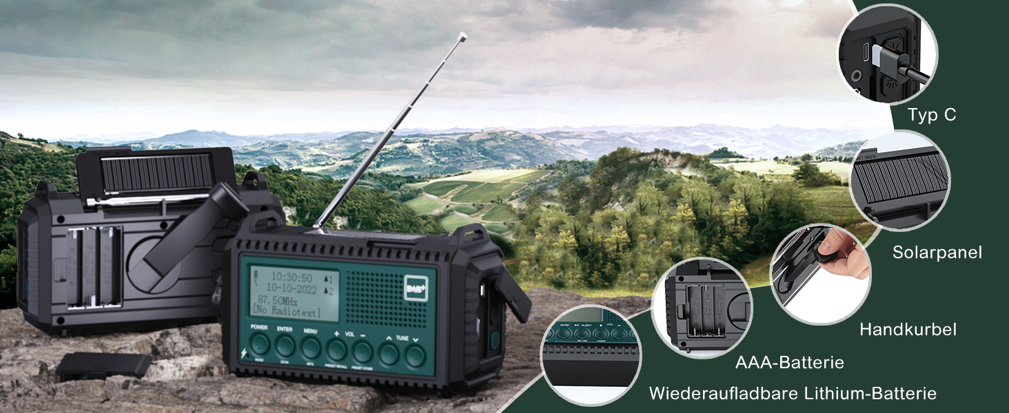 Радіоприймач Kurbelradio з DAB+/DAB/UKW, акумулятор 5000mAh, ліхтарик та світло для читання, FM, USB зарядка для телефону, динамо, SOS-сигнал, для кемпінгу та подорожей, Bluetooth, блакитний
