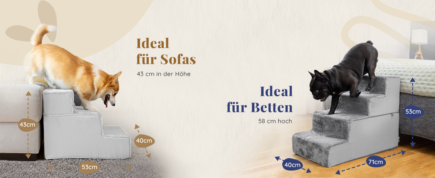 Сходинки для собак на ліжко та диван: 4 сходинки, 58 см, з пінопласту, для маленьких собак, безпечні та стабільні, знімний та пральний чохол, світло-сірий