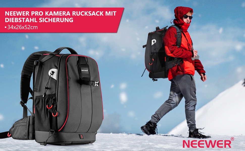 Рюкзак для камери NEEWER Pro водонепроникний, ударостійкий, з регулюванням, з м'якою підкладкою, з захистом від крадіжки, з кодовим замком, сумісний з DJI Drone, DSLR, штативами, спалахами, об'єктивами та іншим аксесуаром, 34x26x52 см, чорний