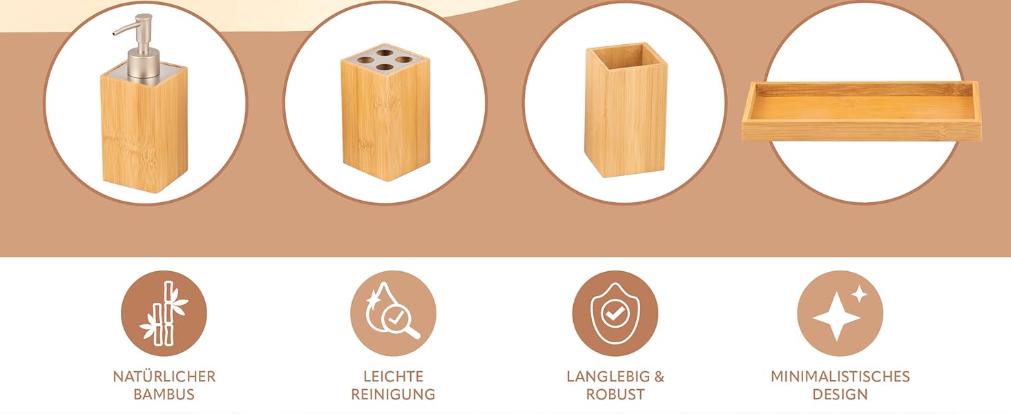 Набір для ванної кімнати Bremermann 4 шт., бамбук, аксесуари для ванної кімнати з полицею