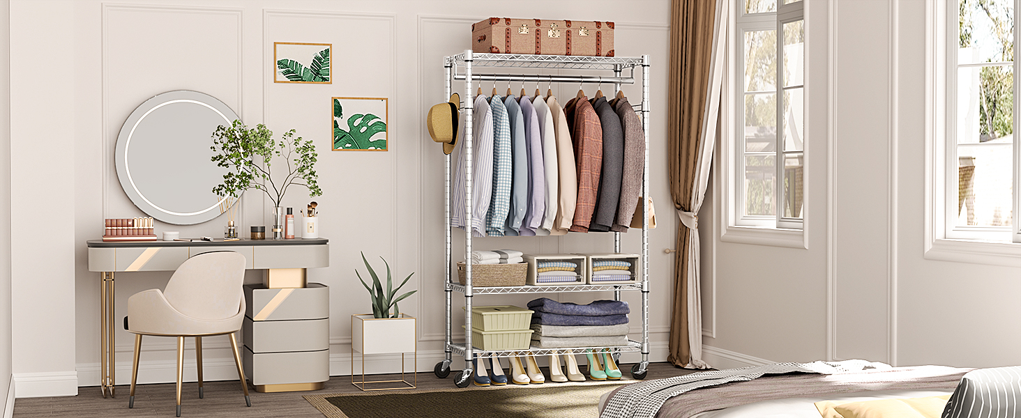 Міцний мобільний вішак для одягу з 3 рівнями, регульовані полиці, 2 штанги та гачки - 40x75x189.3 см (хром)