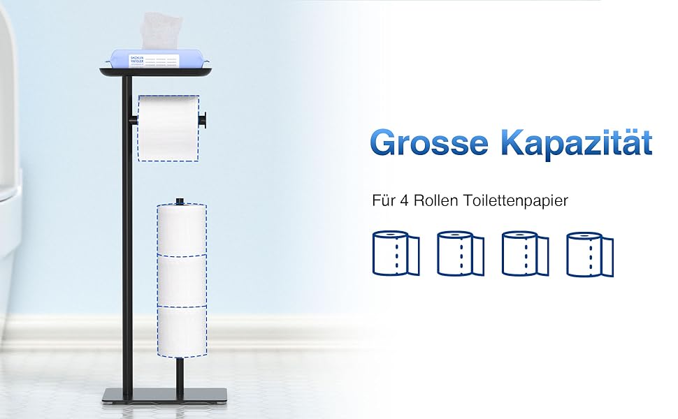Настінний тримач для туалетного паперу з полицею, чорний, з місцем для 4 запасних рулонів, нержавіюча сталь