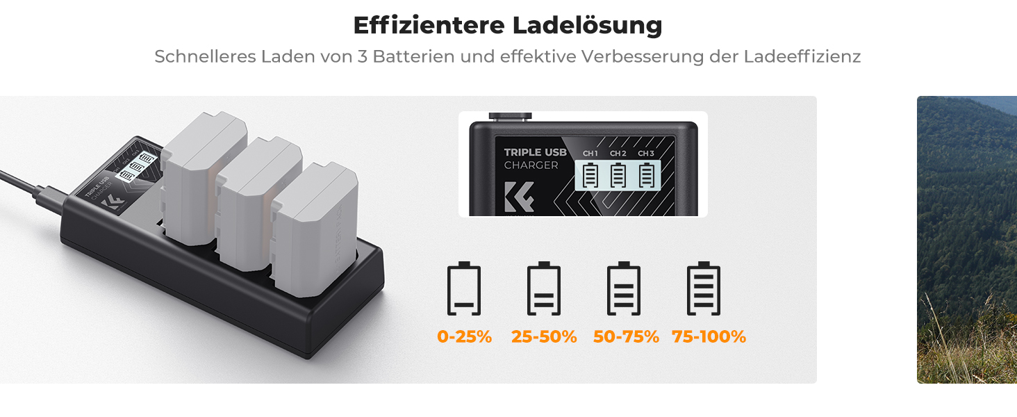 Зарядний пристрій K&F CONCEPT NP-FZ100 для камер Sony: A7iii, A7iv, A7Rv, A6700, A6600, A9, A1, FX3, FX30, ZV-E1 з LCD дисплеєм (3 слоти)