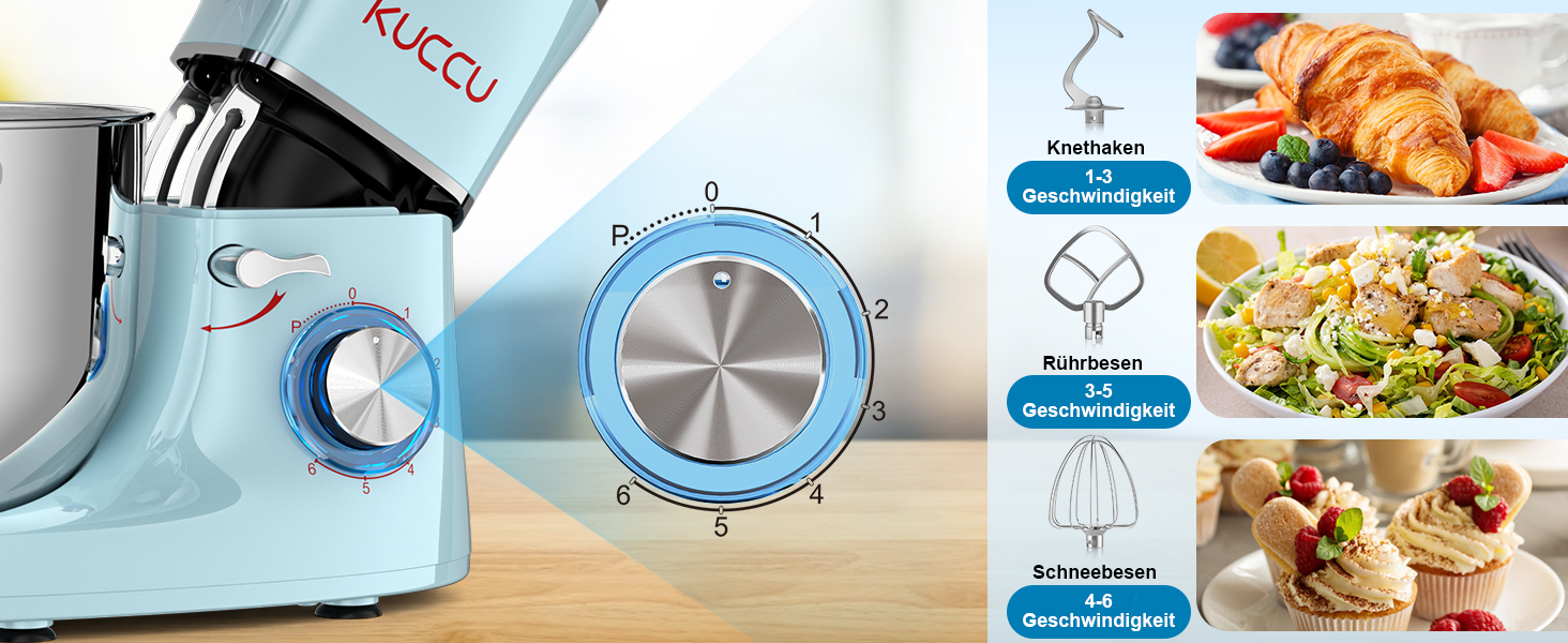 Кухонна машина (планетарний міксер) 1500W з чашею 7л з нержавіючої сталі, 6 швидкостей + імпульсний режим, набір насадок (гак, вінчик, міксер), колір: синій