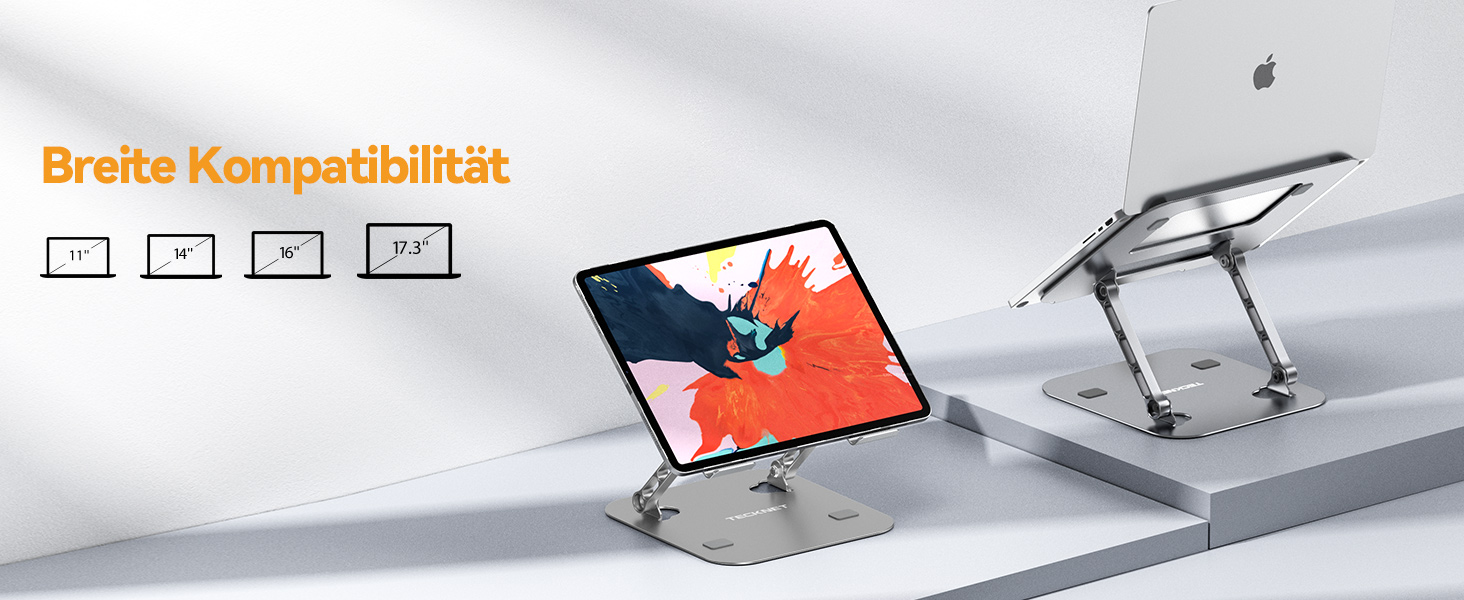 Підставка для ноутбука TECKNET регульована по висоті, ергономічна, складна, з вентиляцією, сумісна з 11-17.3 дюймами, для MacBook та планшетів (срібна)