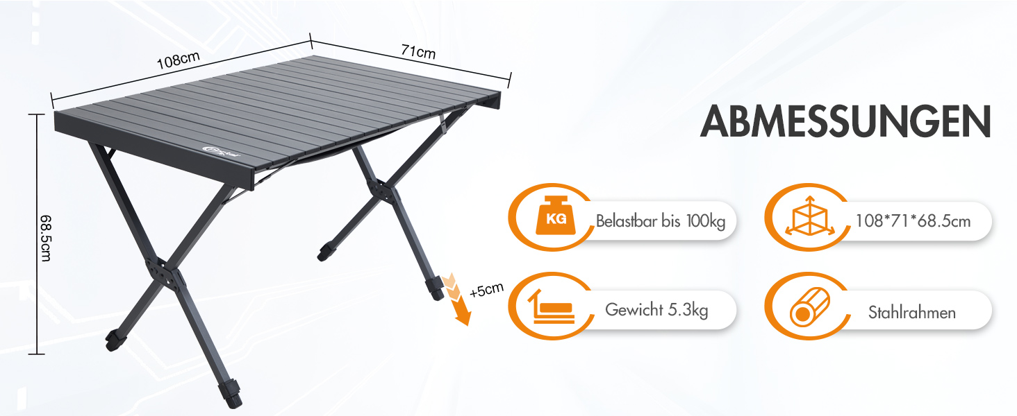 Складний кемпінговий стіл PORTAL алюмінієвий, регульована висота, 108x71 см, чорний - для пікніка, саду, подорожей