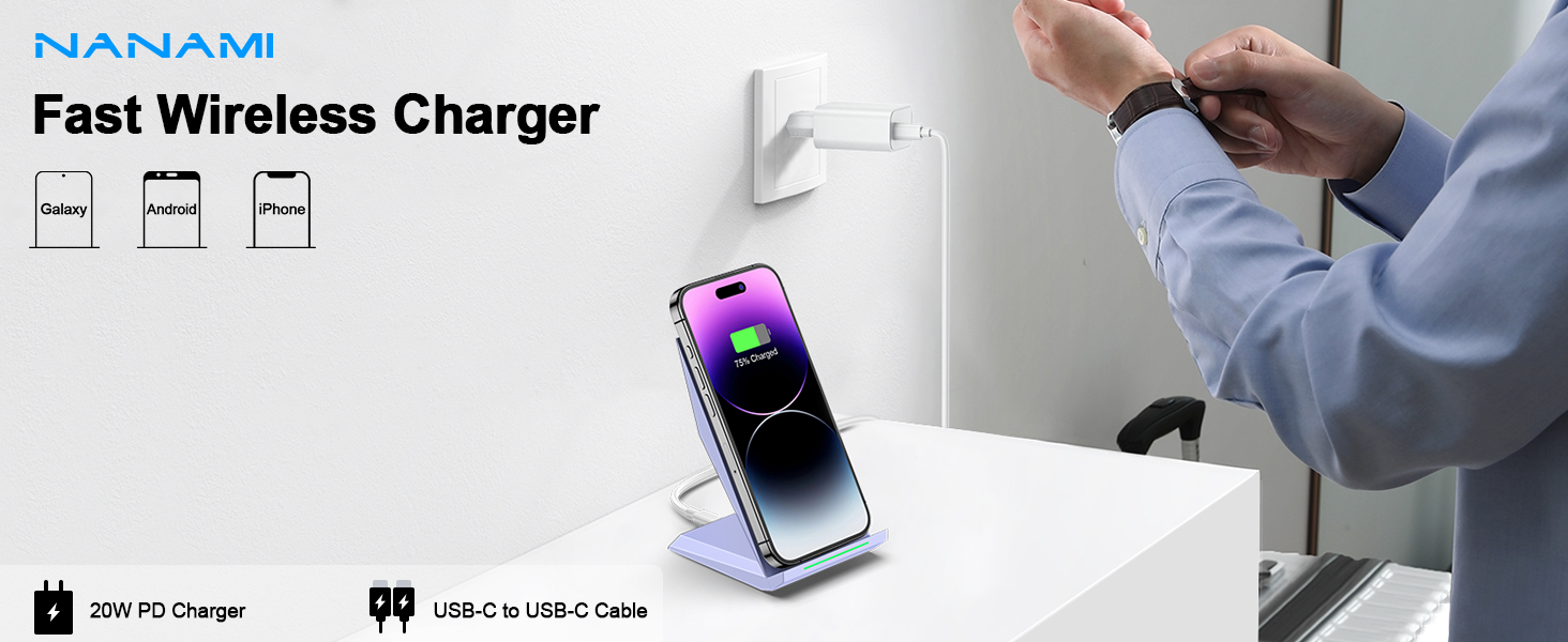 Бездротовий зарядний пристрій NANAMI Qi з адаптером USB-C 20W PD для iPhone 17/16/15/14/13/12 Pro Max XR 8 та Samsung Galaxy S25/S24/S23/S22 (фіолетовий)