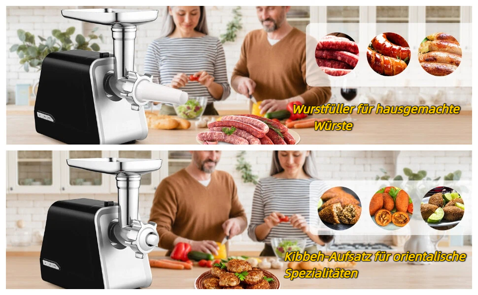 М'ясорубка електрична COOCHEER Profi з насадкою для ковбас та печива, 2000 Вт, 3 диски, насадка для кібе, чорна