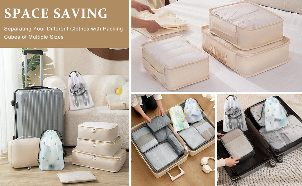 Набір органайзерів для валізи 18 шт., водонепроникні Packing Cubes, бежевий. Організатори для подорожей з чохлами для одягу