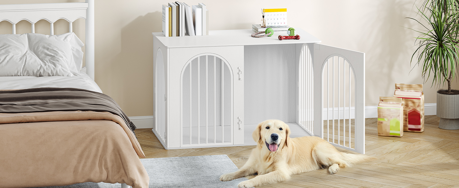 Hzuaneri Modern Dog Crate Furniture - Indoor Dog Kennel with 3 Doors & Tabletop - Durable White Dog Cage 108x64x76cm (DFC86013W)