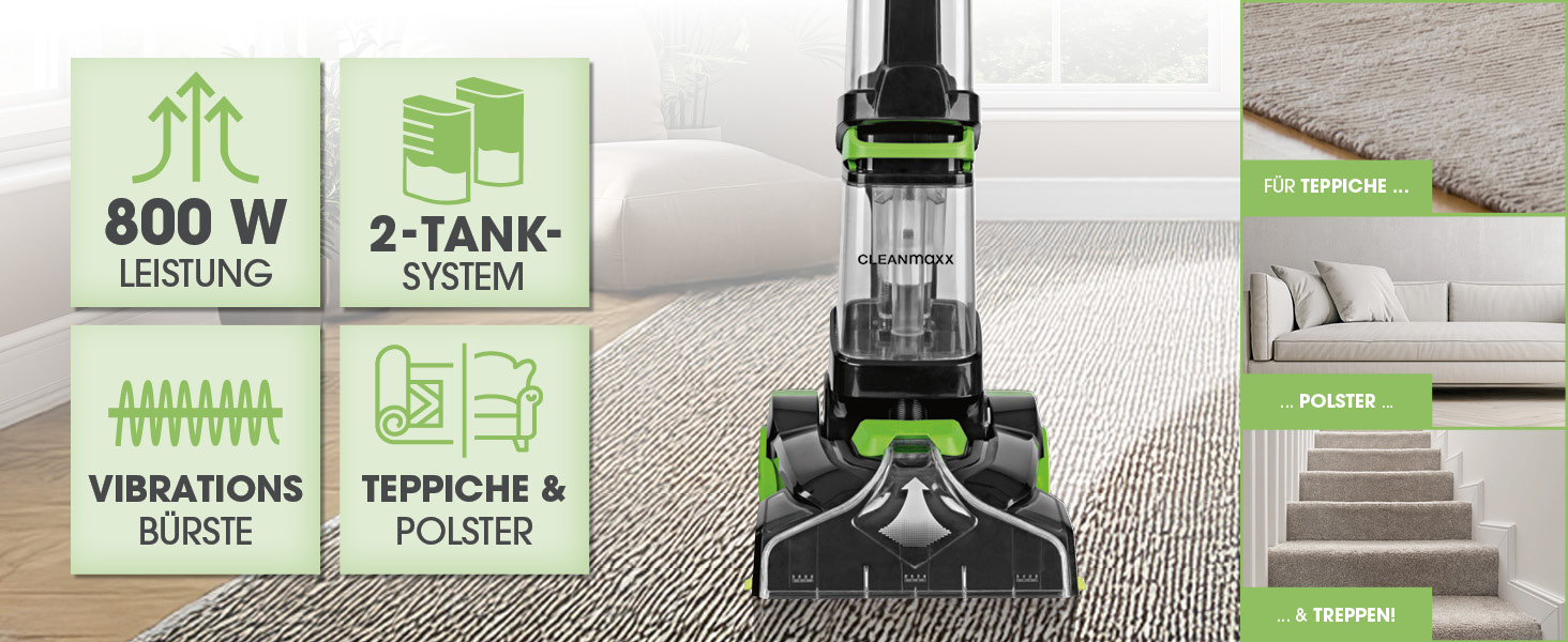 CLEANmaxx Апарат для чищення килимів 3-в-1: миття, чистка, всмоктування | Мийний пилосос з вібраційними щітками та боковими щітками | Для чистоти на практично будь-якому килимі (AquaStream Plus)