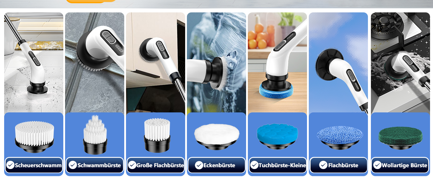 Електрична щітка для прибирання FYDEE IPX7 з 7 насадками та регульованою ручкою. Бездротовий Power Scrubber для ванної, кухні, авто та підлоги.
