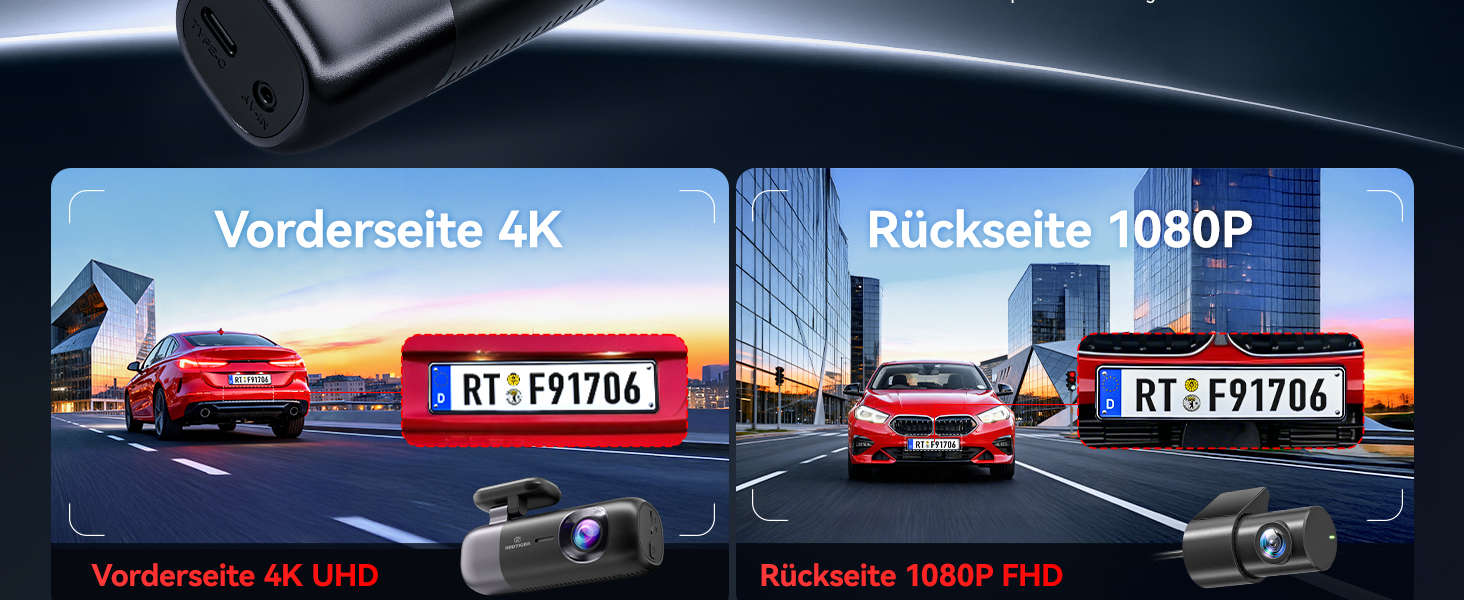 Автомобільний відеореєстратор REDTIGER 4K Ultra HD (передній та задній), GPS, 5.8GHz WiFi, нічний режим, режим паркування, підтримка карт пам'яті до 256ГБ, модель F9