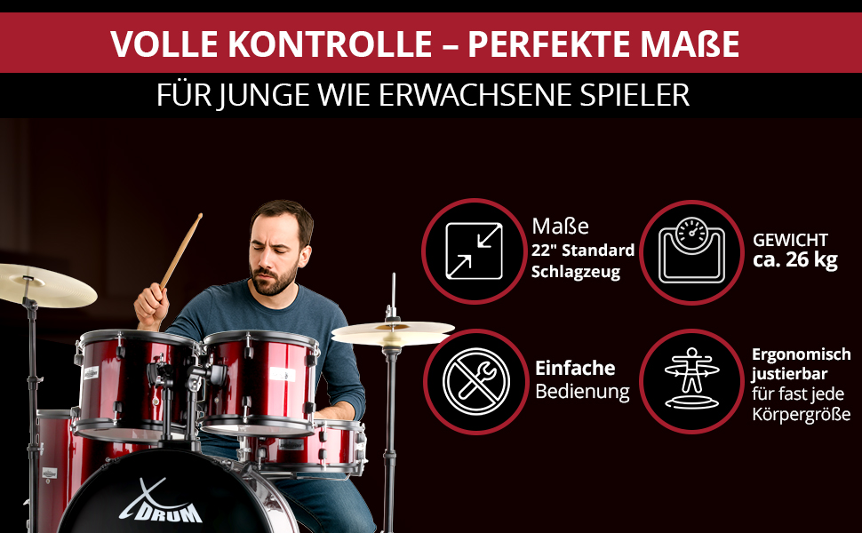 XDrum Rookie 22' барабанний комплект Ruby Red - ідеальний для початківців, стильна фурнітура, з паличками 5B та інструкцією