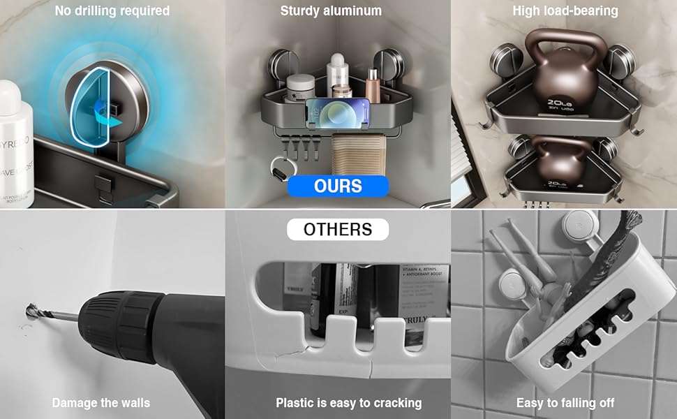 Поличка для душу без свердління, кутова поличка для ванної кімнати з присосками, корзина для душу з тримачем для рушників та знімними гачками (2 шт., сіра)