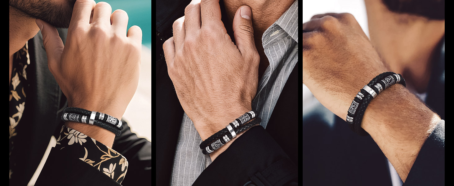 Чоловічий шкіряний браслет Bandmax з плетінням, чорний. Магнітна застібка, регульована довжина 19/21/23 см. Аксесуар для чоловіків у стилі вікінг.