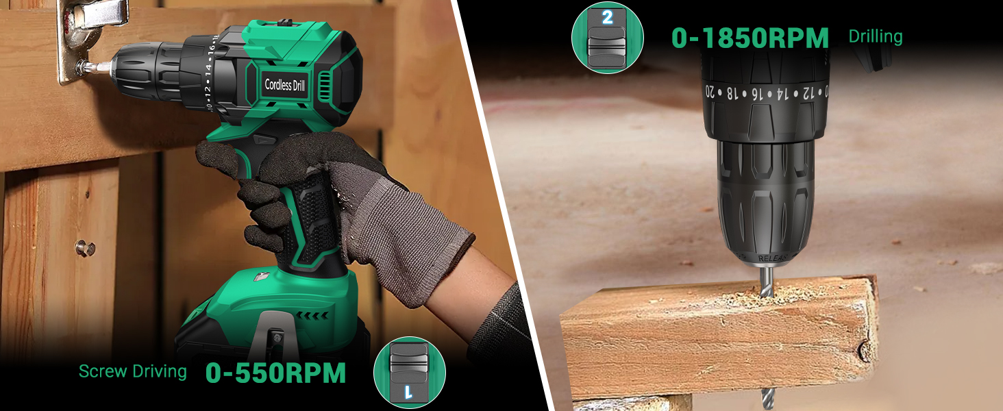 Акумуляторний шуруповерт безщітковий 21V BETENST з акумулятором 2.0Ah, 45Nm, 20 моментів, патрон 10mm, 2 швидкості, 20-ти елементний набір для дому, саду та DIY проектів (зелений)