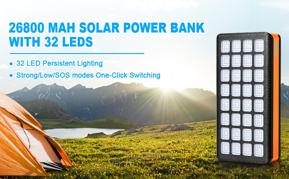 Сонячний павербанк 26800mAh з 5 виходами та 2 входами, 22.5W QC3.0, LED-ліхтар, для смартфонів, планшетів та кемпінгу