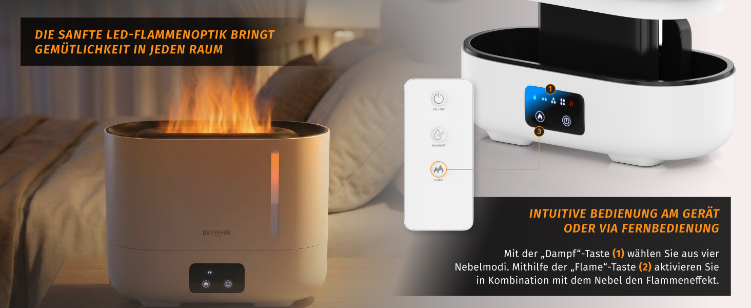 Зволожувач повітря Brandson з ефектом полум'я, керуванням від пульта, тихий, ультразвуковий, 4 режими туману, резервуар 3 літри, відсік для аромамасел, LED-підсвітка, для офісу, вітальні, спальні