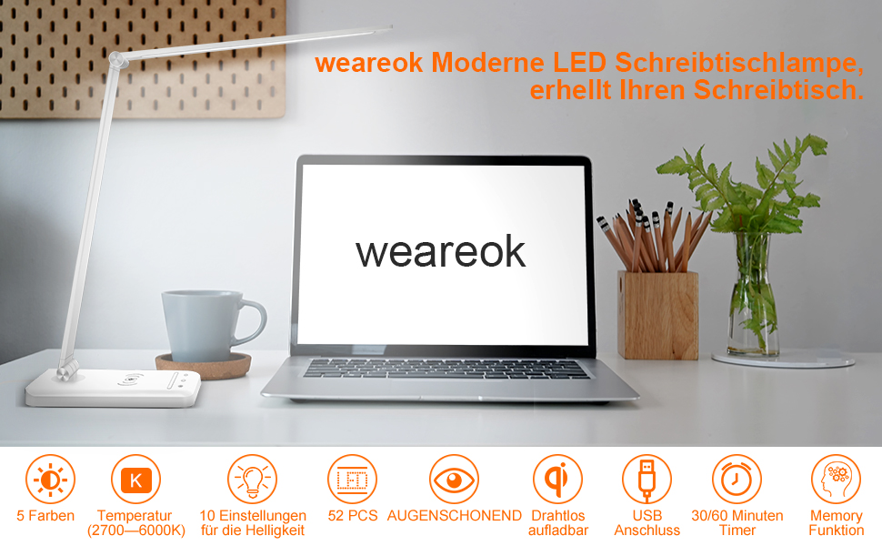 LED настільна лампа Weareok з регулюванням яскравості, захистом для очей, бездротовою зарядкою Qi та USB-портом, білий колір