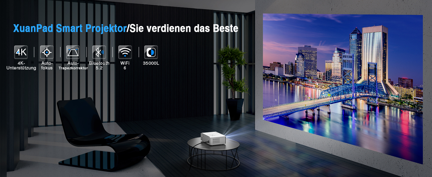 Проектор Smart Beamer 4K з автофокусом TOF 28000L, WiFi6, Bluetooth, обертання 210°, для кінотеатру вдома та на вулиці, сумісний з Netflix, PC, мобільним телефоном