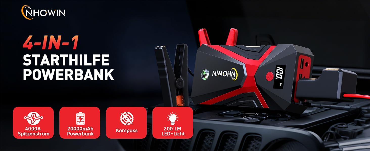 Портативний пусковий пристрій NHOWIN 4000A: Powerbank для авто 12V, 20000 mAh, 4-в-1, з кабелями та LED-ліхтариком для подорожей та надзвичайних ситуацій