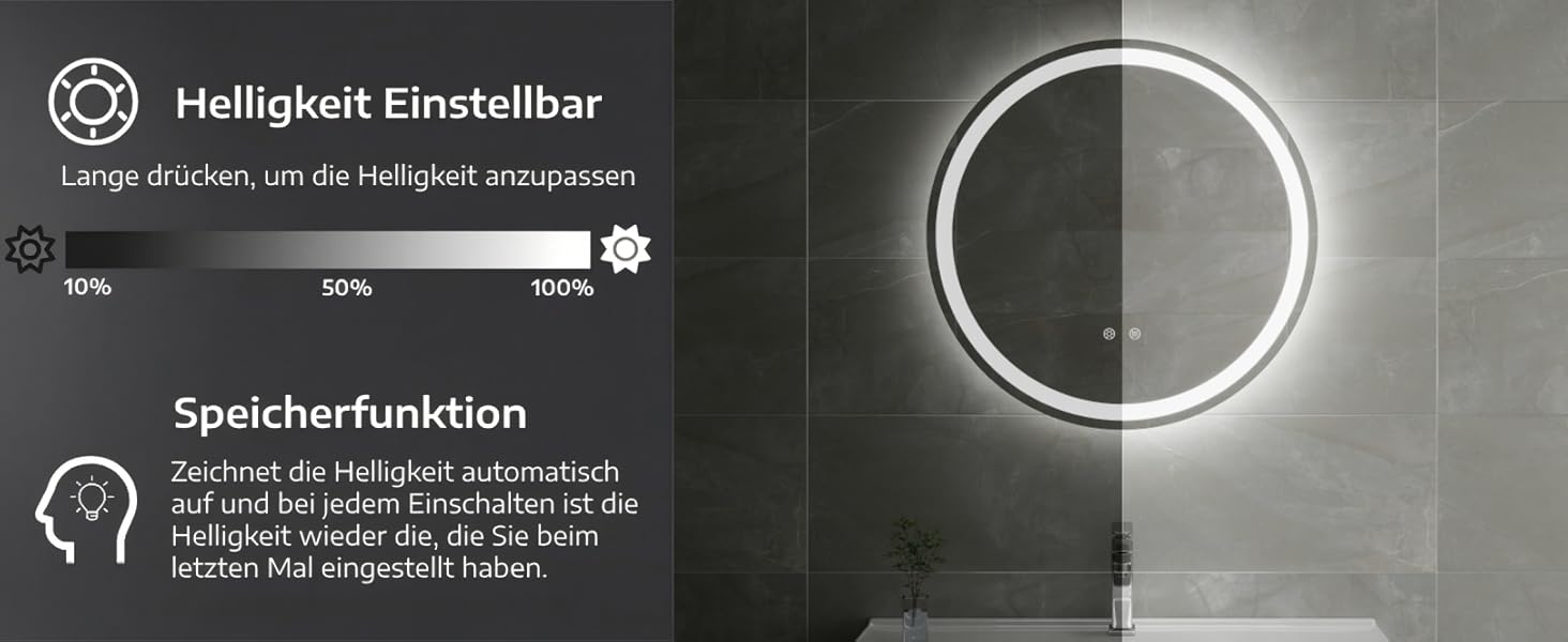 Круглий дзеркало для ванної кімнати Clevich з підсвічуванням, 80 см, сенсорне управління, протитуманне покриття, 3 кольори світла, регулювання яскравості