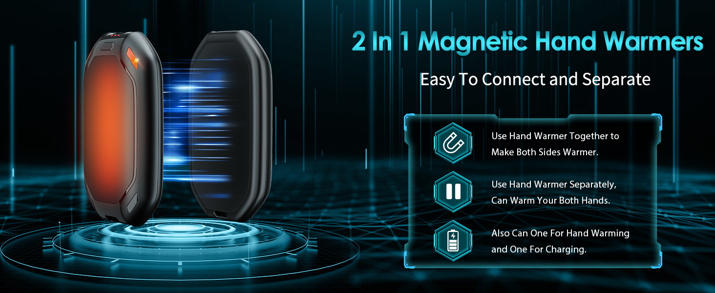 Електричний нагрівач для рук, 2 шт. - перезарядна модель з магнітною фіксацією, ультралегкий та тонкий, 6000 мАг, 3 режими нагріву, для чоловіків та жінок, Outdoor, Гольф, кемпінг, чорний