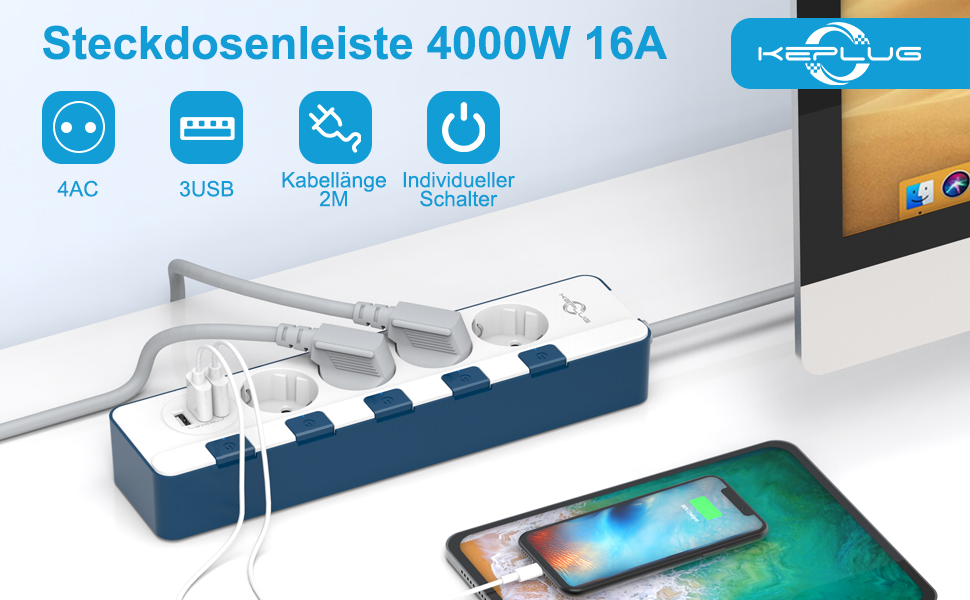 Мережевий фільтр KEPLUG з 6 розетками та 3 USB-портами (4000W, 16A), блакитний, з дитячим захистом, 2 м кабель